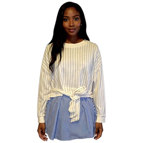 Anthropologie French Terry Twofer Sweatshirt Top Layered Cream Blue Striped XL - Picture 1 of 7